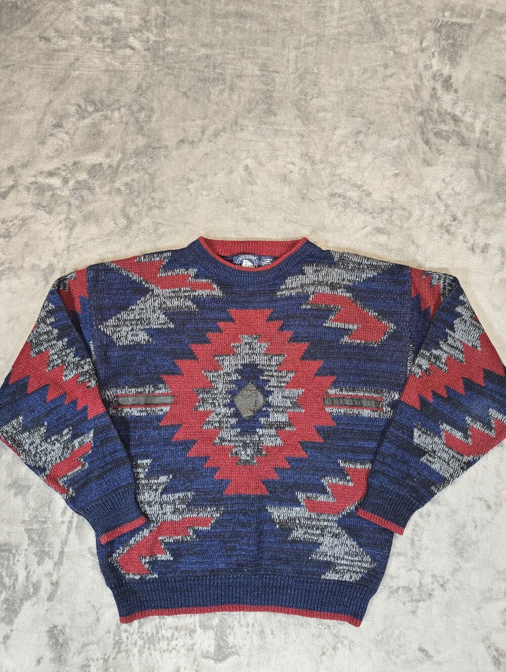 Vintage Atlantic Traders Aztec Southwestern Knit Sweater Size Large Leather Trim